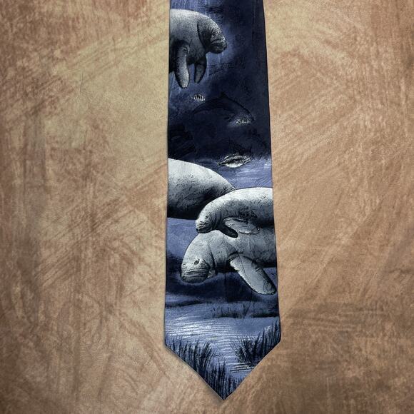 Vintage 90s Endangered Species Manatee Silk Neck Tie Animal Print Teacher Safari - Picture 5 of 8